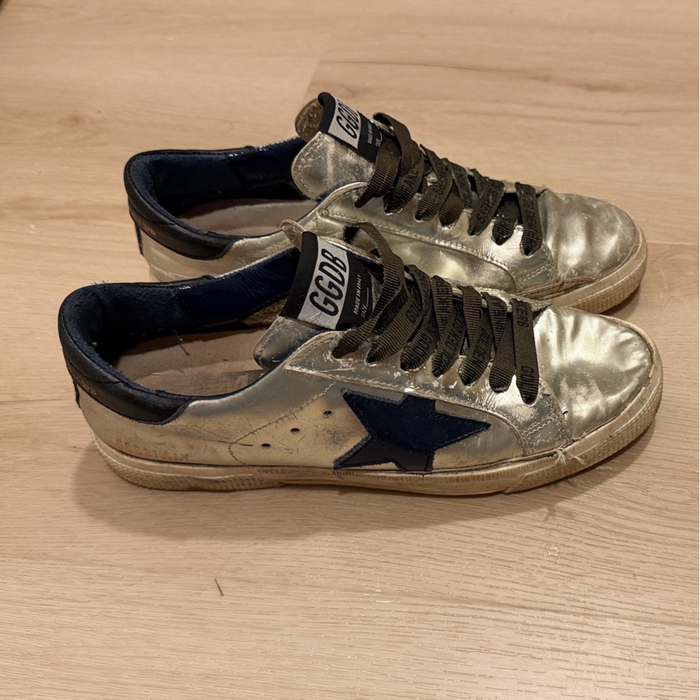 Golden Goose GGDB/May Silver and Navy Sneakers with Olive Green Laces